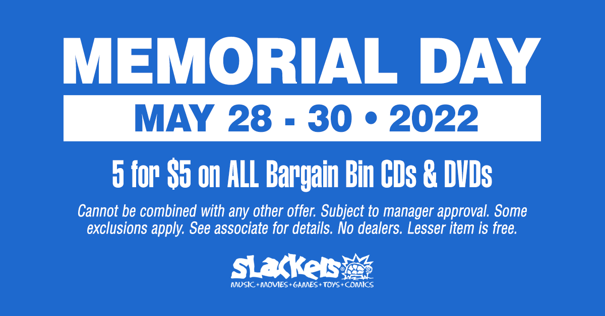 5 for $5 on all Bargain Bin CDs & DVDs - cannot be combined with any other offer. Subject to manager approval. Some exclusions apply. See associate for details. No dealers. Valid May 28th-30th, 2022 only.